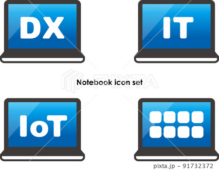 情報サービスビジネスDX化　ノートPCタブレット画面のアイコンセット　 91732372