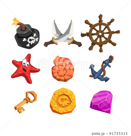 Cartoon pirate icon. Isolated marine signs. Sea adventure items for mobile game GUI. Coin, gem, bomb and wheel. Videgame clipart 91735315