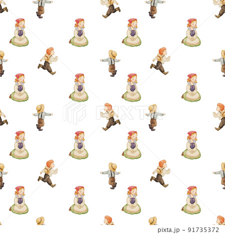 European folk farm life watercolor pattern seamless 91735372