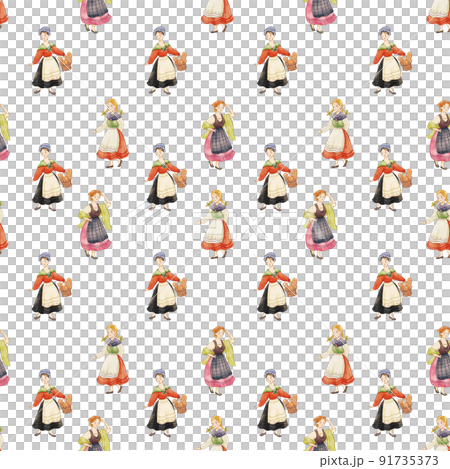 European folk farm life watercolor pattern seamless 91735373