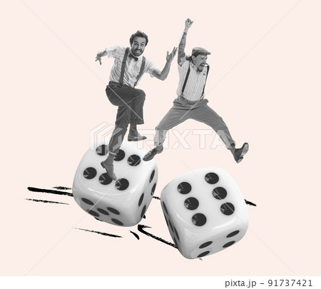Contemporary art collage. Two stylish men jumping over playing dice isolated on beige background. Life is a game Contemporary art collage. Two stylish men jumping over playing dice isolated on beige background. Life is a game 91737421