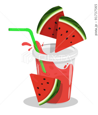 Watermelon berry drink splashing in glass with straw. Refreshing fruit drinks in hot summer. Cartoon vector isolated on white background Watermelon berry drink splashing in glass with straw. Refreshing fruit drinks in hot summer. Cartoon vector isolated on white background 91737565