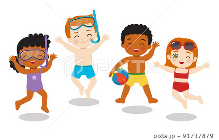 Happy jumping children in beach holiday swimwear. Flat vector cartoon design 91737879