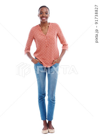 Feeling fresh today. Studio shot of an attractive young woman with her hands in her pockets. 91738827