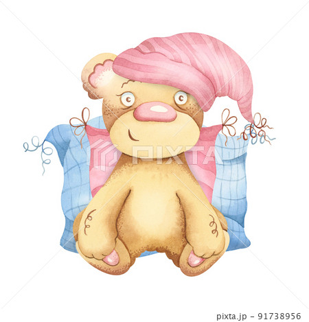 Cute teddy bear, watercolor hand drawn illustration, can be used for children's poster or postcard, with white isolated background 91738956