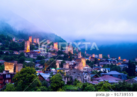 Mestia village with typical tower houses in Svaneti, Georgia. 91739555
