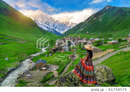 Tourist enjoy view of Ushguli village in Georgia. 91739574