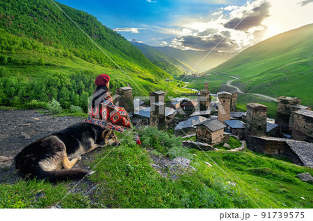 Tourist enjoy view of Ushguli village in Georgia. 91739575