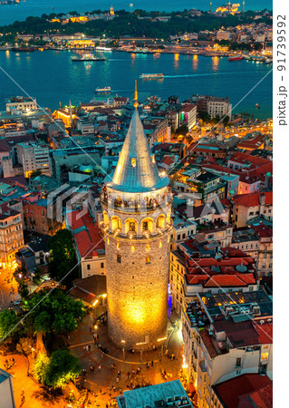 Galata tower at night in Istanbul, Turkey. Galata tower at night in Istanbul, Turkey. 91739592