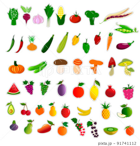 Collection of stickers with vegetables, mushrooms and fruits. Vector illustration. For use in products, food stores, markets, labels, packaging, prints and logos. 91741112
