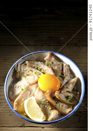 カットレモンと卵黄が乗った熱々豚トロ丼、焼き肉丼を俯瞰で撮影 カットレモンと卵黄が乗った熱々豚トロ丼、焼き肉丼を俯瞰で撮影 91741240