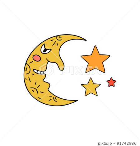 Half moon with human face. Hand drawn line art Halloween illustration. Half moon with human face. Hand drawn line art Halloween illustration. 91742936
