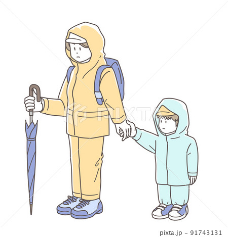 水害時に子供の手を引いて避難する女性のイラスト 91743131