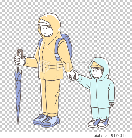 水害時に子供の手を引いて避難する女性のイラスト 91743131