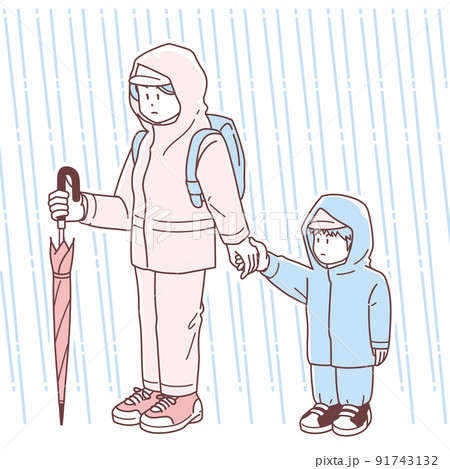 水害時に子供の手を引いて避難する女性のイラスト 91743132