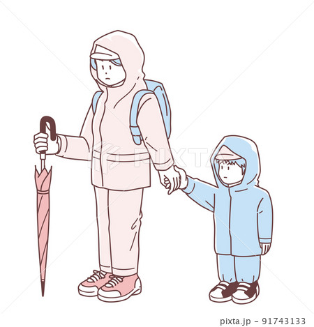 水害時に子供の手を引いて避難する女性のイラスト 91743133