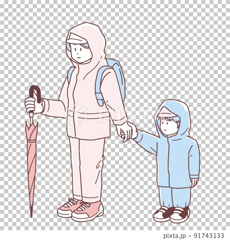 水害時に子供の手を引いて避難する女性のイラスト 91743133