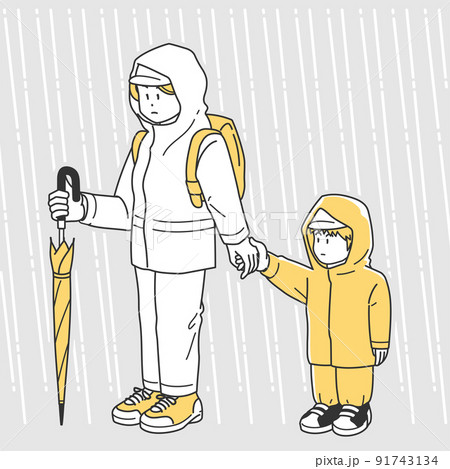 水害時に子供の手を引いて避難する女性のイラスト 91743134