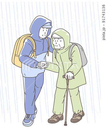 水害時に高齢者を介助して避難する男性のイラスト 91743136