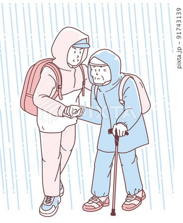 水害時に高齢者を介助して避難する男性のイラスト 91743139