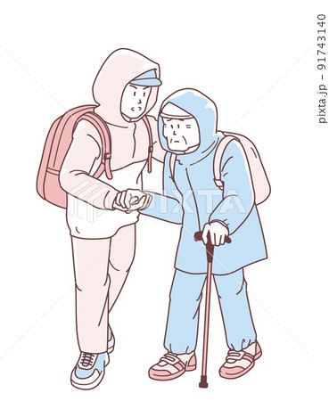 水害時に高齢者を介助して避難する男性のイラスト 91743140