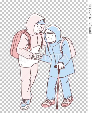 水害時に高齢者を介助して避難する男性のイラスト 91743140