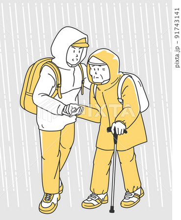 水害時に高齢者を介助して避難する男性のイラスト 91743141