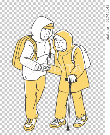 水害時に高齢者を介助して避難する男性のイラスト 91743142