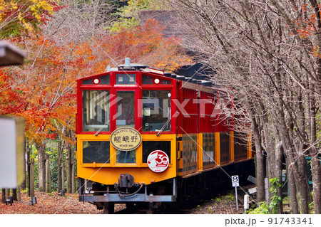 トロッコ保津峡駅を出発した嵯峨野観光鉄道トロッコ列車が嵐山方面へ向かう 91743341