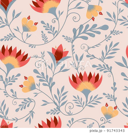 Spring trend pattern. Seamless pattern for printing onto fabric and textile design. Fashionable print for paper in ethnic style. Vector illustration. Pink color Spring trend pattern. Seamless pattern for printing onto fabric and textile design. Fashionable print for paper in ethnic style. Vector illustration. Pink color 91743343