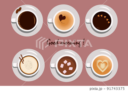 Set of cards with cups and coffee. Top view of a different assortment of coffees. For use in logos and icons, labels, coffee breaks, catering. Vector illustration on a colored background with text. 91743375