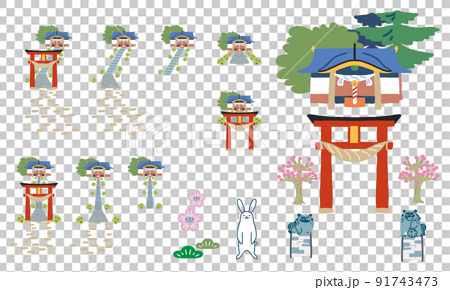 神社と鳥居、参道をいろいろな組み合わせで組み合わせたイラスト　セット　イラスト素材 91743473