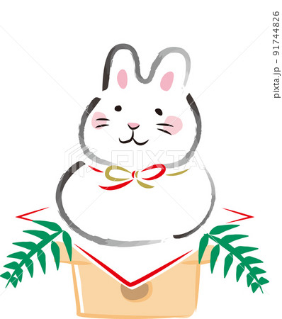 筆で描いたような鏡餅のウサギ 91744826