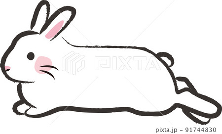 筆で描いたようなシンプルな横向きのくつろぐ白いウサギのイラスト素材