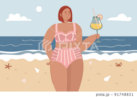 Happy confident plus size woman in a swimsuit on a beach Happy confident plus size woman in a swimsuit on a beach 91748831