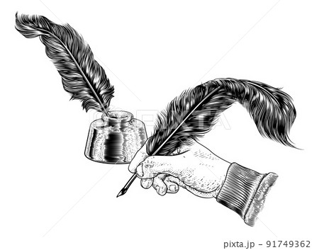 Quill Feather Ink Pen Hand Vintage Woodcut Print 91749362