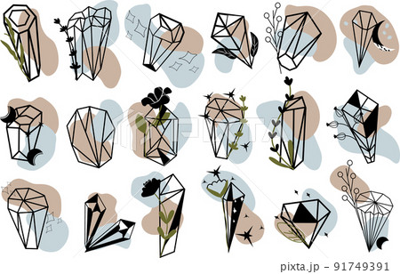 Collection mystical crystals with flowers, moon, stars and leaves. Magical diamonds on white background for ideal for postcards, scrapbooking, posters. Vector illustration Collection mystical crystals with flowers, moon, stars and leaves. Magical diamonds on white background for ideal for postcards, scrapbooking, posters. Vector illustration 91749391