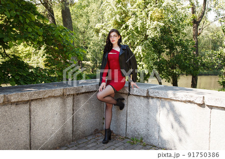 red dress black stockings red lace dress with black tights & heels