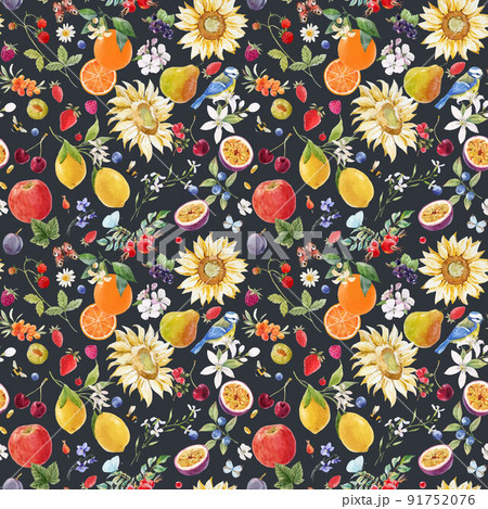 Beautiful vector autotraced seamless summer pattern with watercolor flowers and lemon pear orange mango fruits. Stock illustration. 91752076