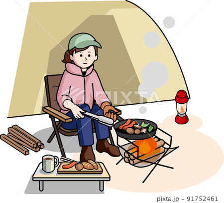 キャンプ料理を作る女性 91752461
