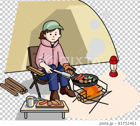 キャンプ料理を作る女性 91752461