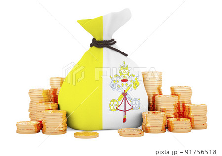 Money bag with Vatican flag and golden coins around, 3D rendering 91756518