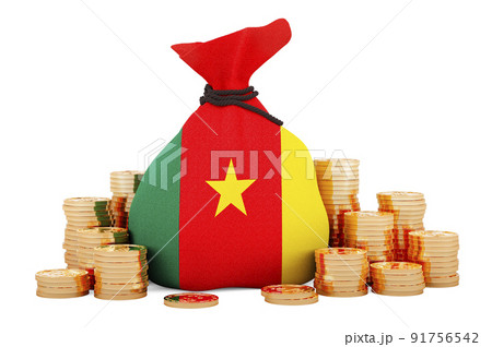 Money bag with Cameroonian flag and golden coins around, 3D rendering 91756542
