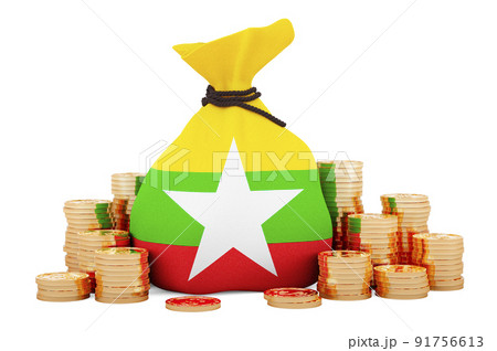 Money bag with Myanmar flag and golden coins around, 3D rendering Money bag with Myanmar flag and golden coins around, 3D rendering 91756613