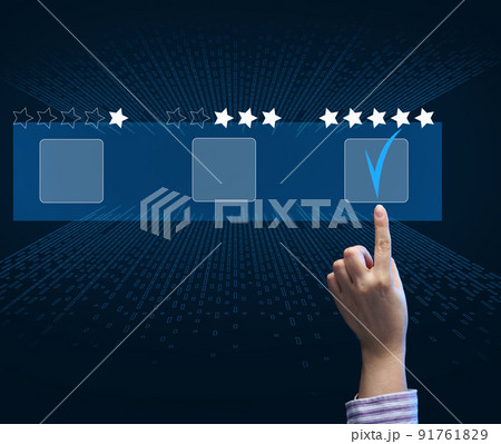 Concept of customer service and satisfaction. Female hand touching the virtual screen 91761829