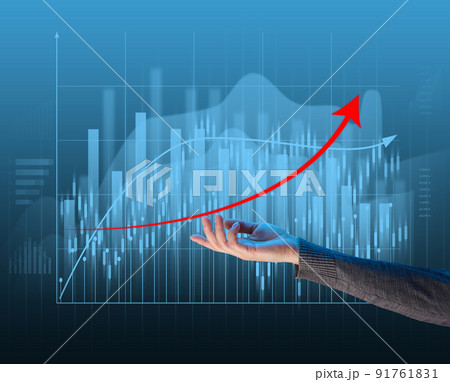 Holographic graph with growing indicators and a woman's hand. Business growth concept Holographic graph with growing indicators and a woman's hand. Business growth concept 91761831
