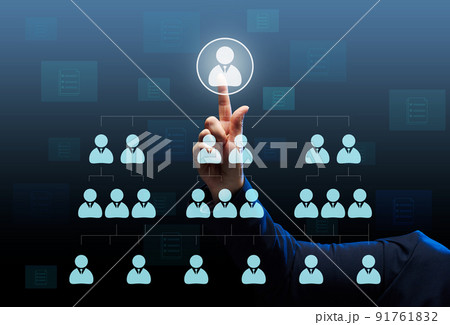 Businessman stands in front of a virtual hierarchy diagram in a company. Search for talented employees 91761832