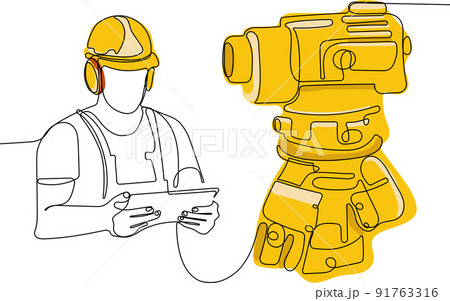 Caucasian worker with helmet on head using tablet Caucasian worker with helmet on head using tablet 91763316