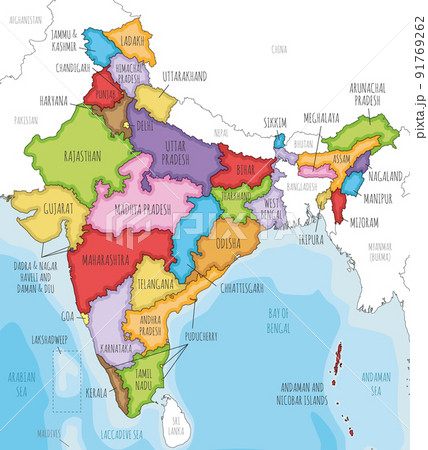 Vector illustrated map of India with states and territories and administrative divisions, and neighbouring countries. Editable and clearly labeled layers. 91769262