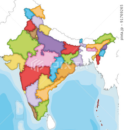 Vector illustrated blank map of India with states and territories and administrative divisions, and neighbouring countries. Editable and clearly labeled layers. 91769265